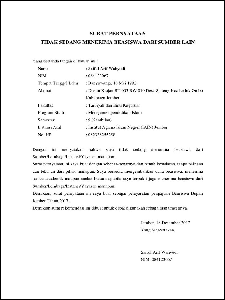 Contoh Surat Perjanjian Beasiswa Full Kampus