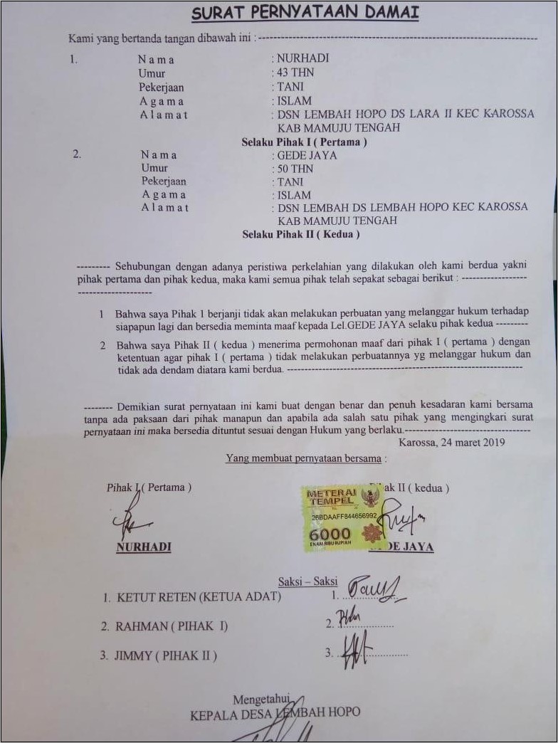 Contoh Surat Perjanjian Berkelahi