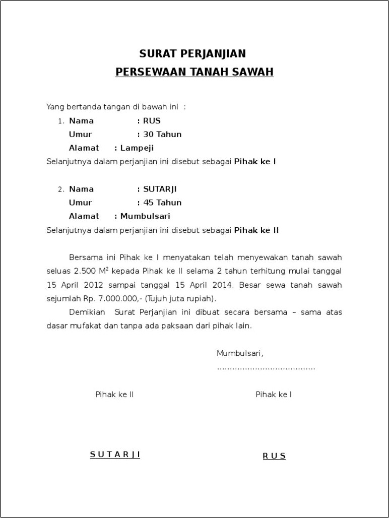 Contoh Surat Perjanjian Bersama Tentang Sewa Tanah