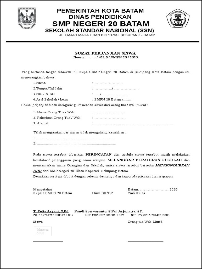 Contoh Surat Perjanjian Bk