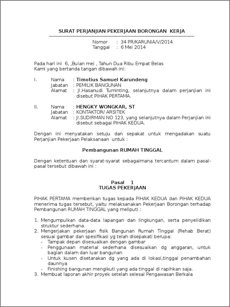 Contoh Surat Perjanjian Borong Rumah