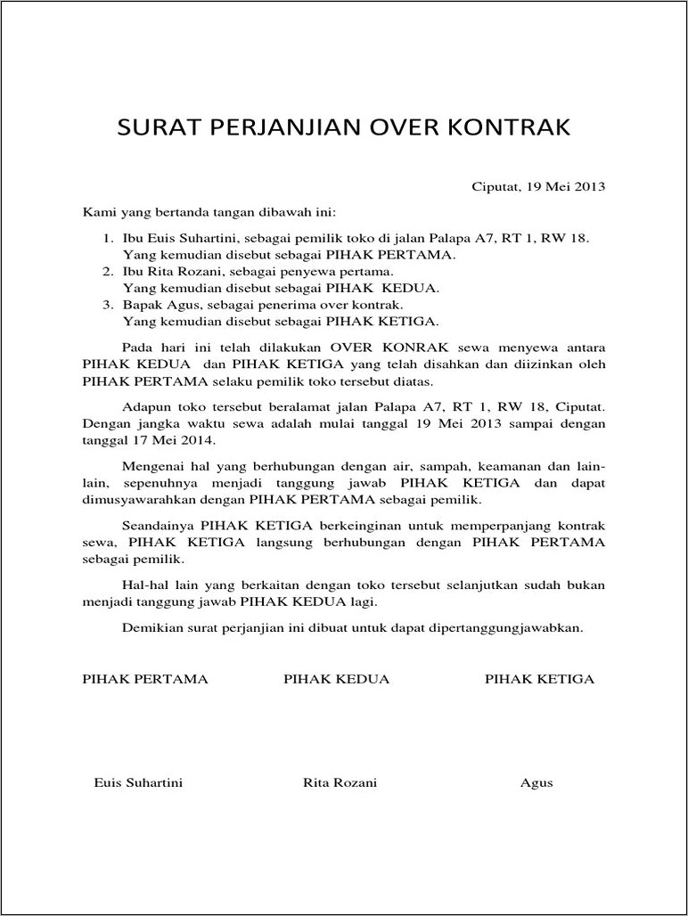 Contoh Surat Perjanjian Dengan Pihak Ketiga