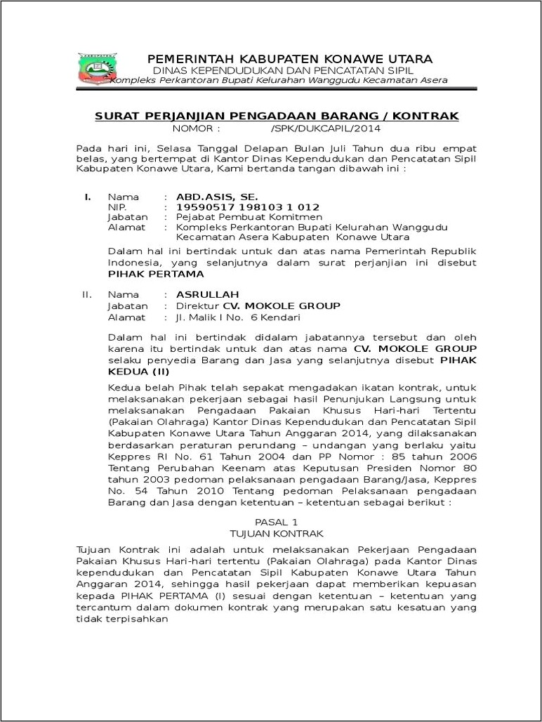 Contoh Surat Perjanjian Di Bawah Tangan Pengadaan Komputer Pemerintah Kota