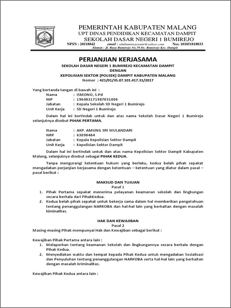 Contoh Surat Perjanjian Dinas Pendidikan