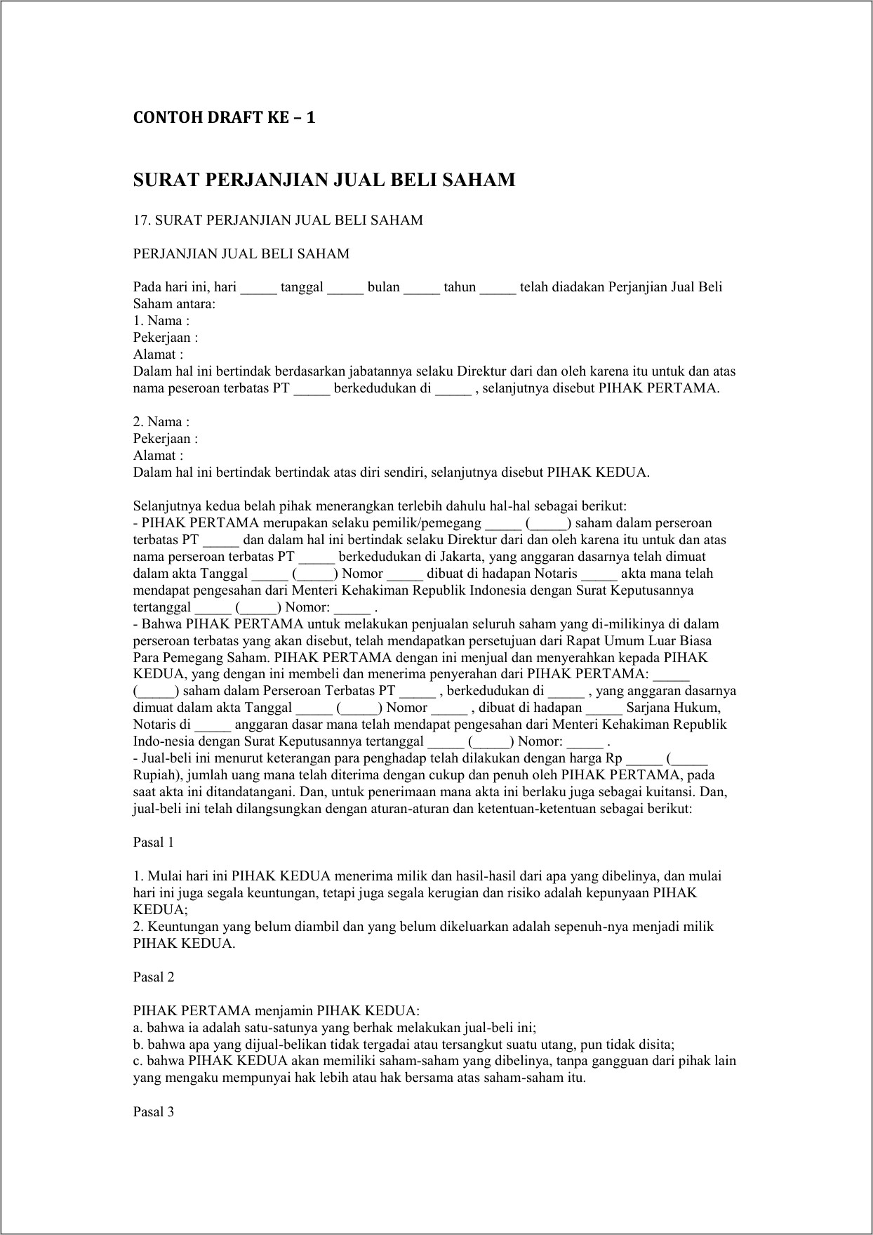 Contoh Surat Perjanjian Direksi