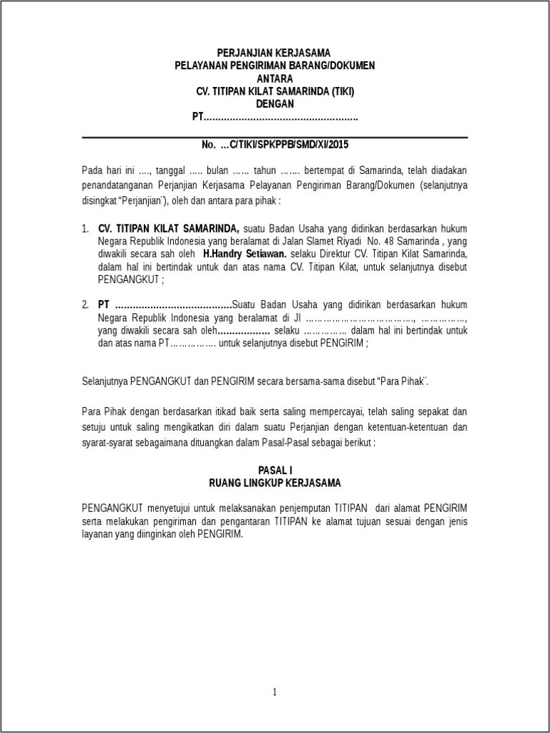 Contoh Surat Perjanjian Expedisi
