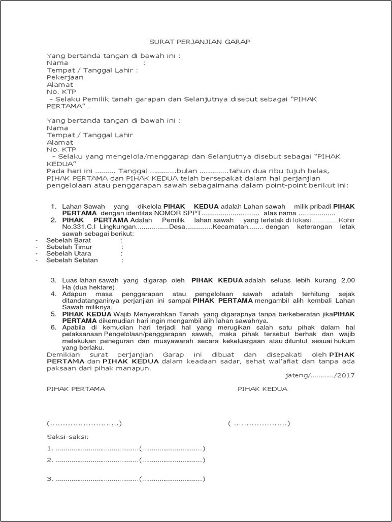 Contoh Surat Perjanjian Garap Tanah