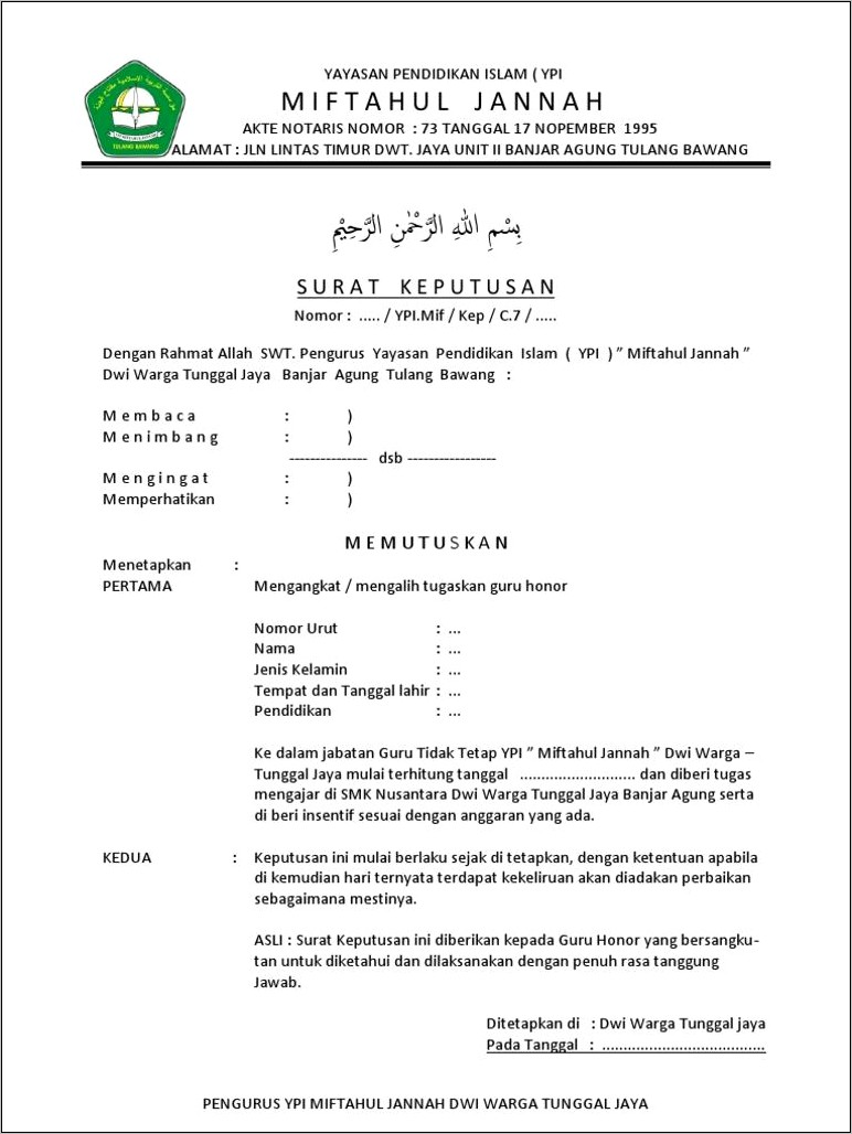 Contoh Surat Perjanjian Guru Tetap Yayasan