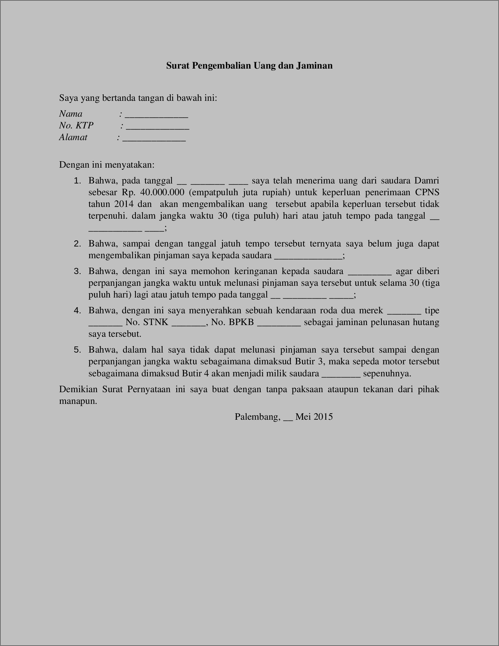 Contoh Surat Perjanjian Hutang Barang