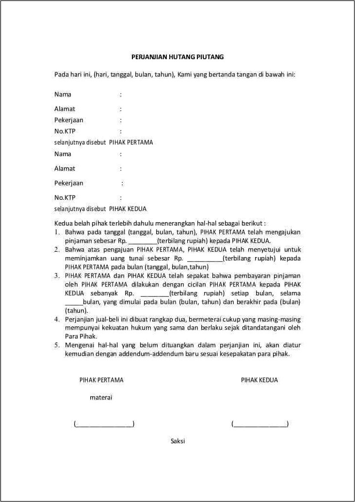 Contoh Surat Perjanjian Hutang Piutang Doc
