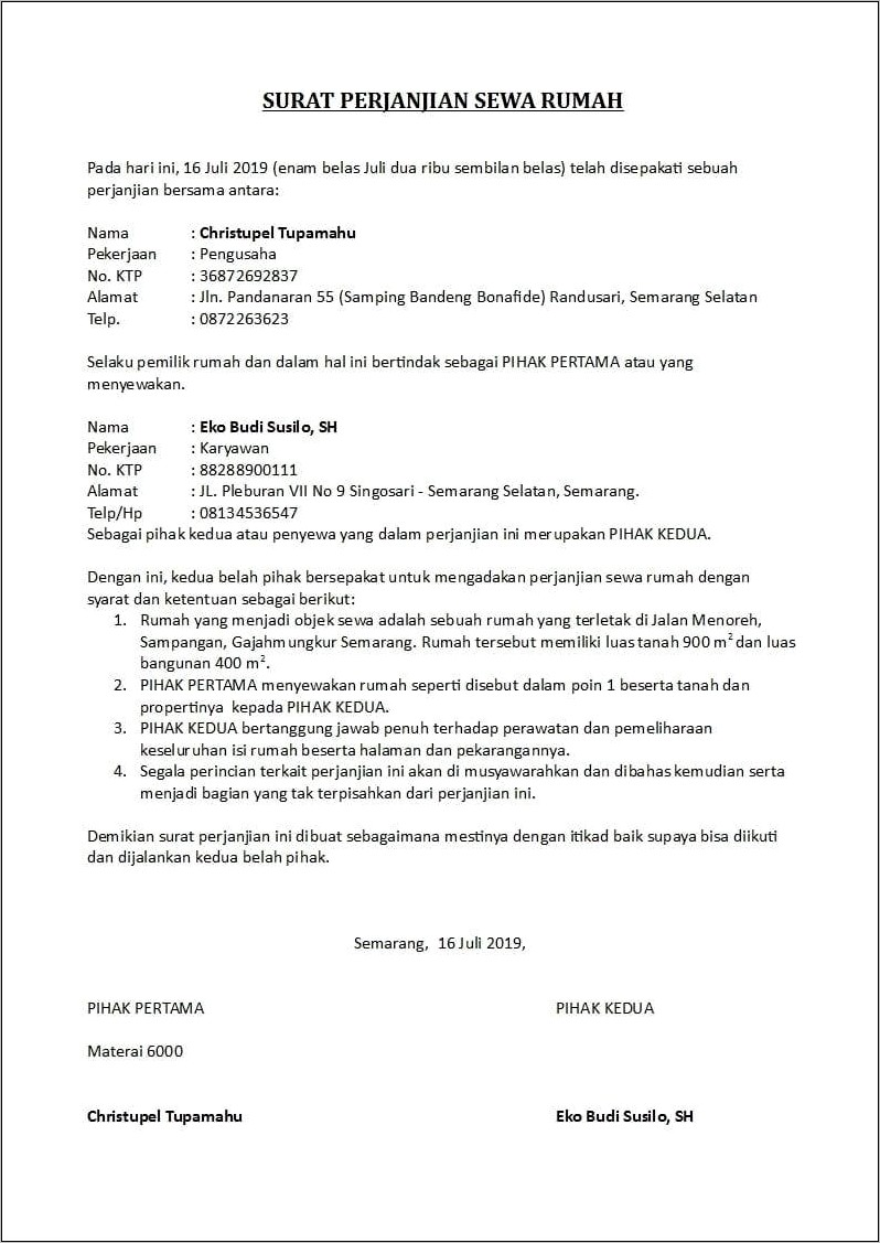 Contoh Surat Perjanjian Hutang Piutang Perorangan Tanpa Jaminan