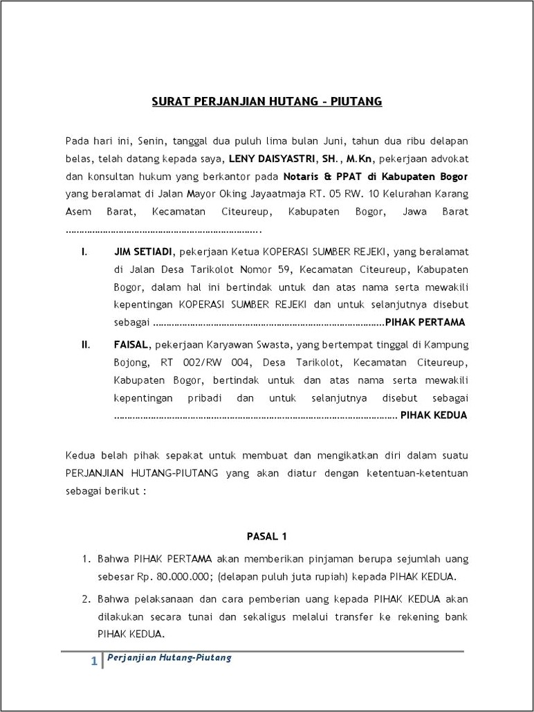 Contoh Surat Perjanjian Hutang Piutang Serta Pasal Pasal