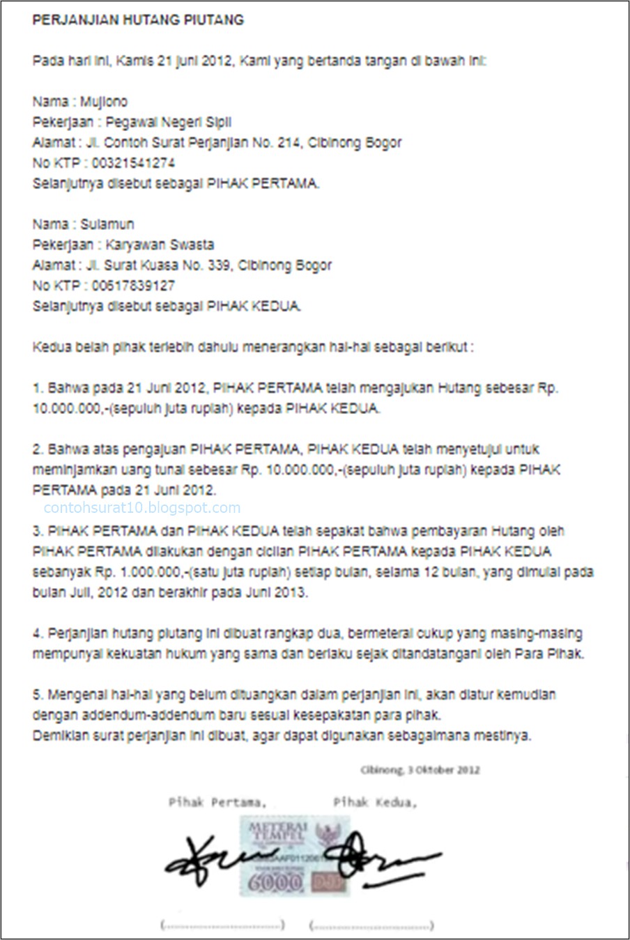 Contoh Surat Perjanjian Hutang Piutang Uang Tanpa Jaminan