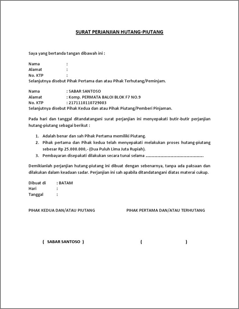 Contoh Surat Perjanjian Hutang Piutang Uang