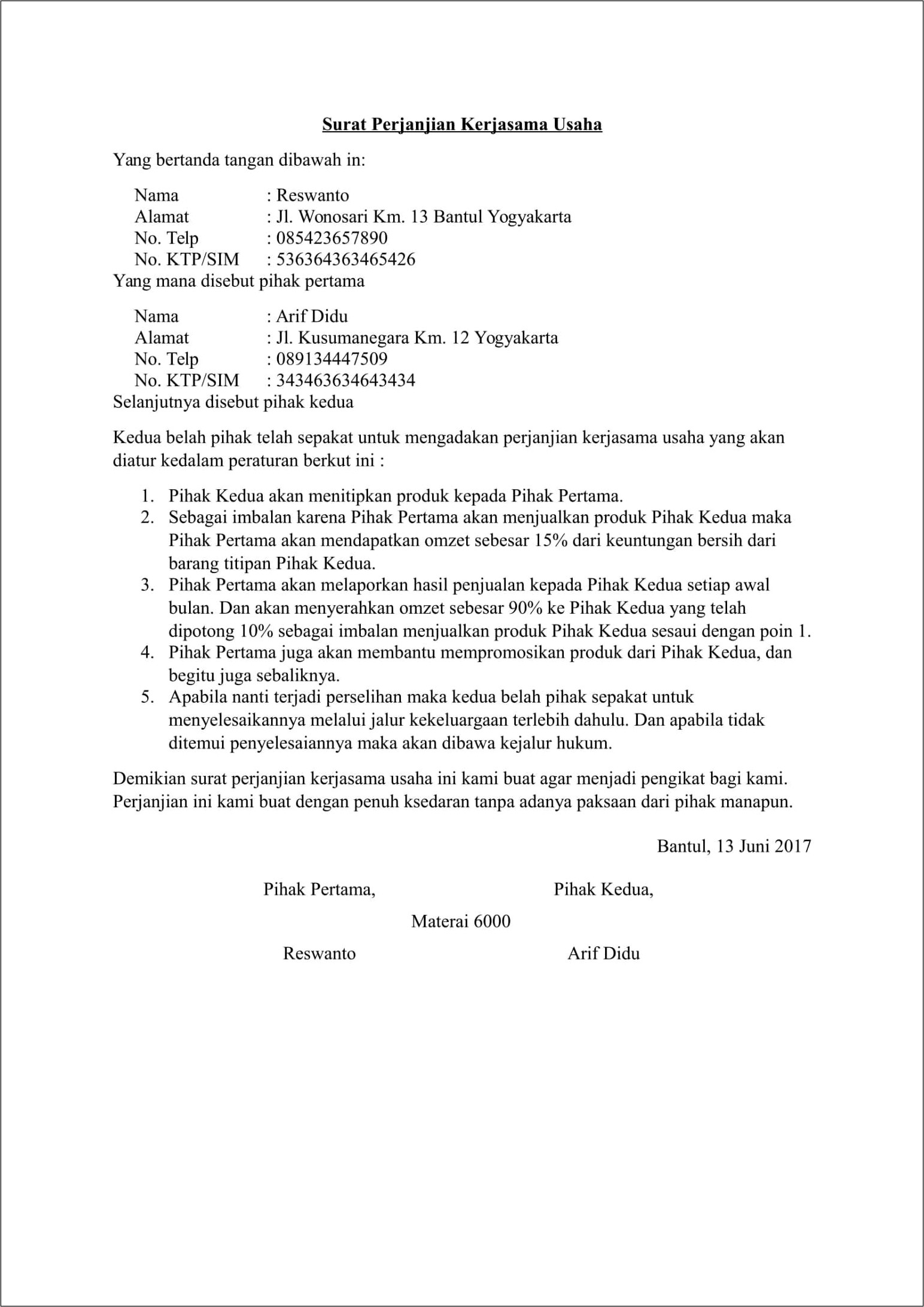 Contoh Surat Perjanjian Join Usaha