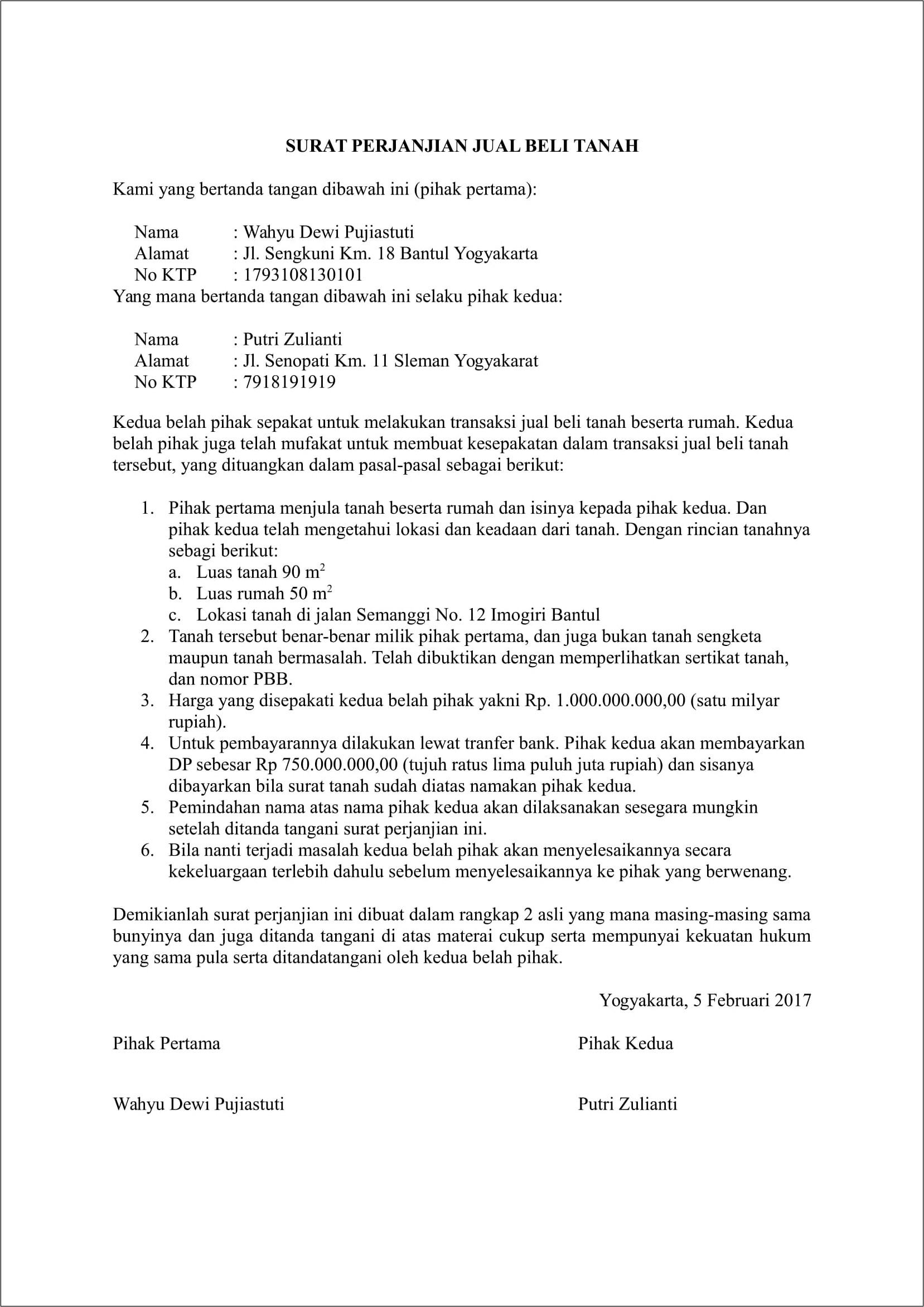 Contoh Surat Perjanjian Jua Beli