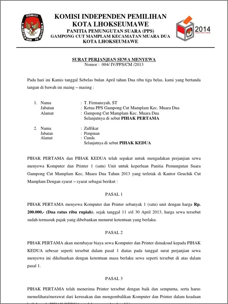 Contoh Surat Perjanjian Jual Beli Komputer