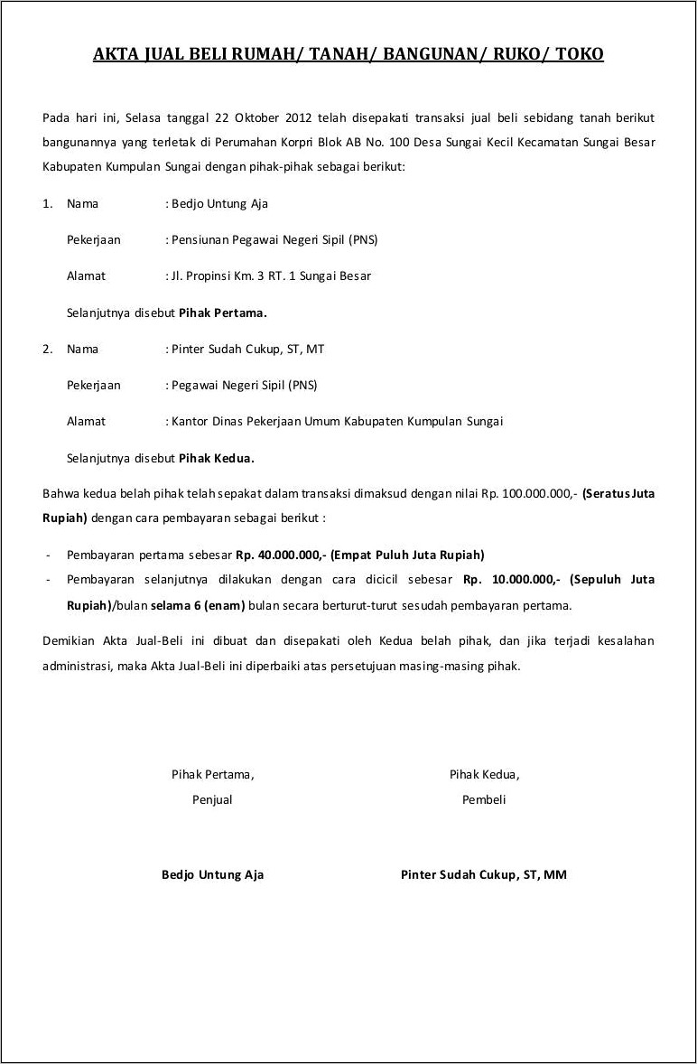 Contoh Surat Perjanjian Jual Beli Kontrakan