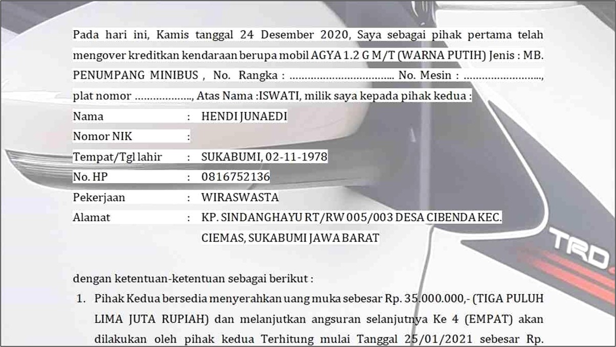 Contoh Surat Perjanjian Jual Beli Mobil Bekas Kredit Pakai Materai