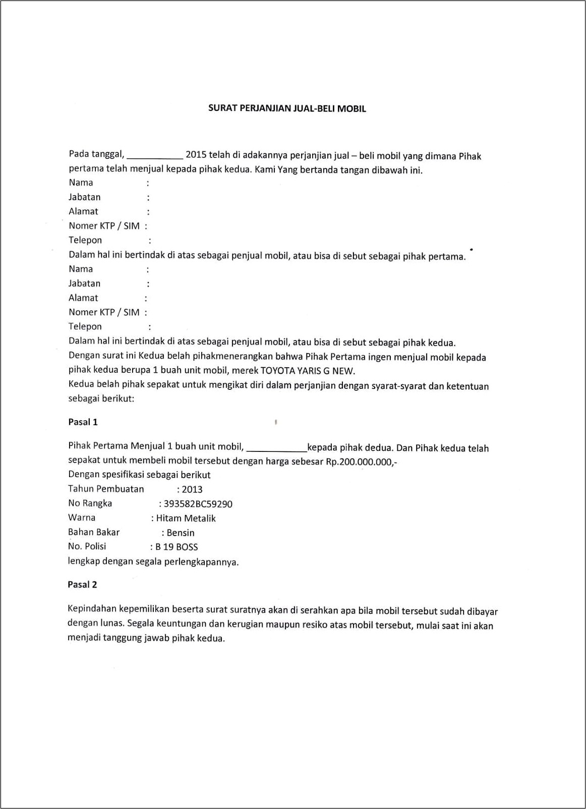 Contoh Surat Perjanjian Jual Beli Motor Dengan Pasal