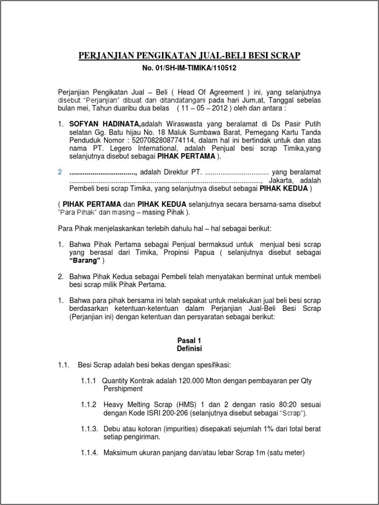 Contoh Surat Perjanjian Jual Beli Pasir Dalam Bahasa Inggris