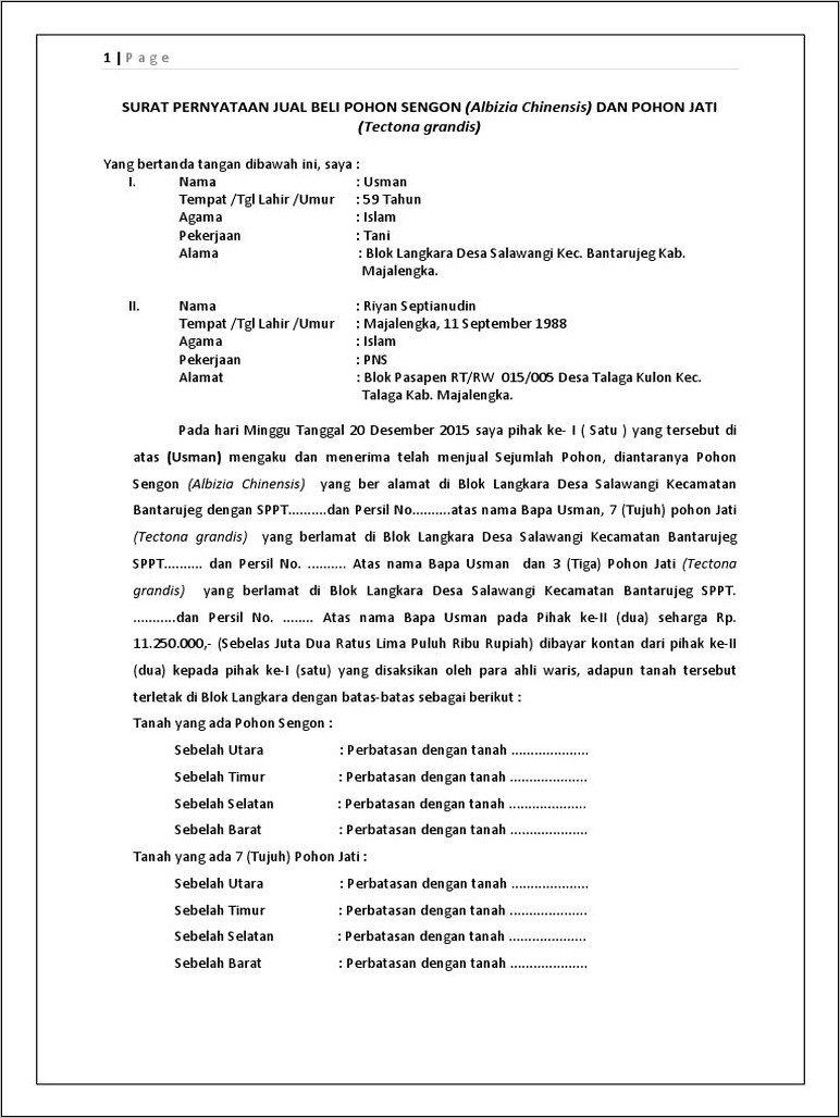 Contoh Surat Perjanjian Jual Beli Pohon