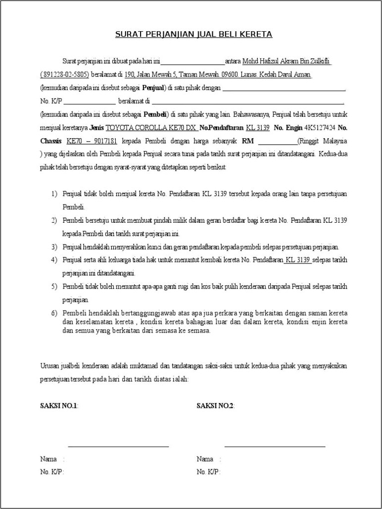 Contoh Surat Perjanjian Jual Ber