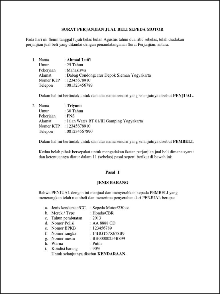 Contoh Surat Perjanjian Jul Beli