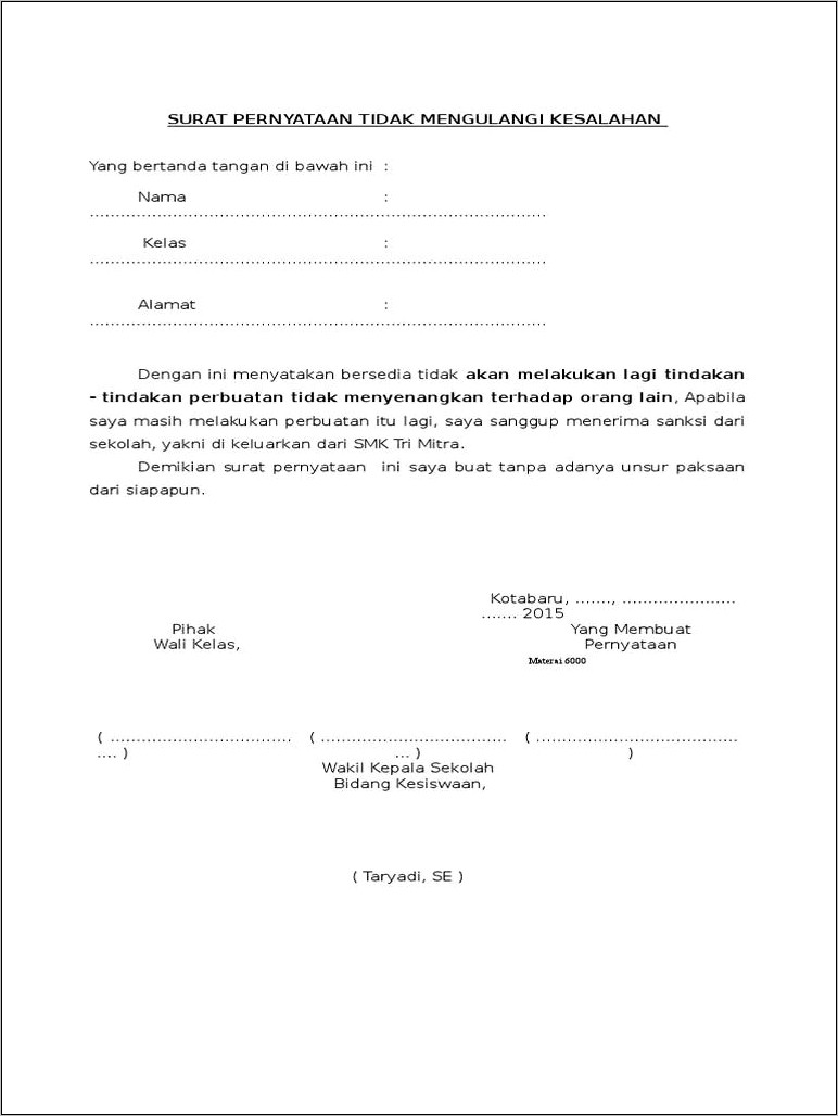 Contoh Surat Perjanjian Kelas