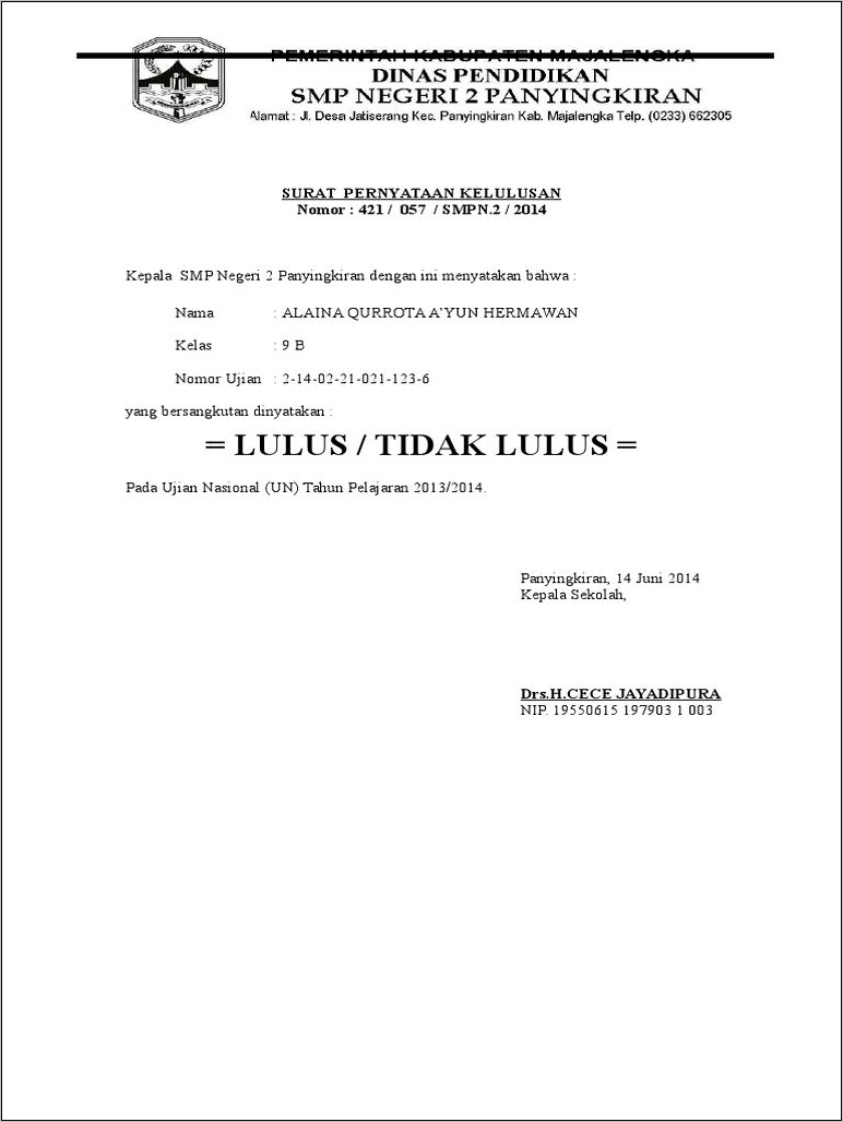 Contoh Surat Perjanjian Kelulusan