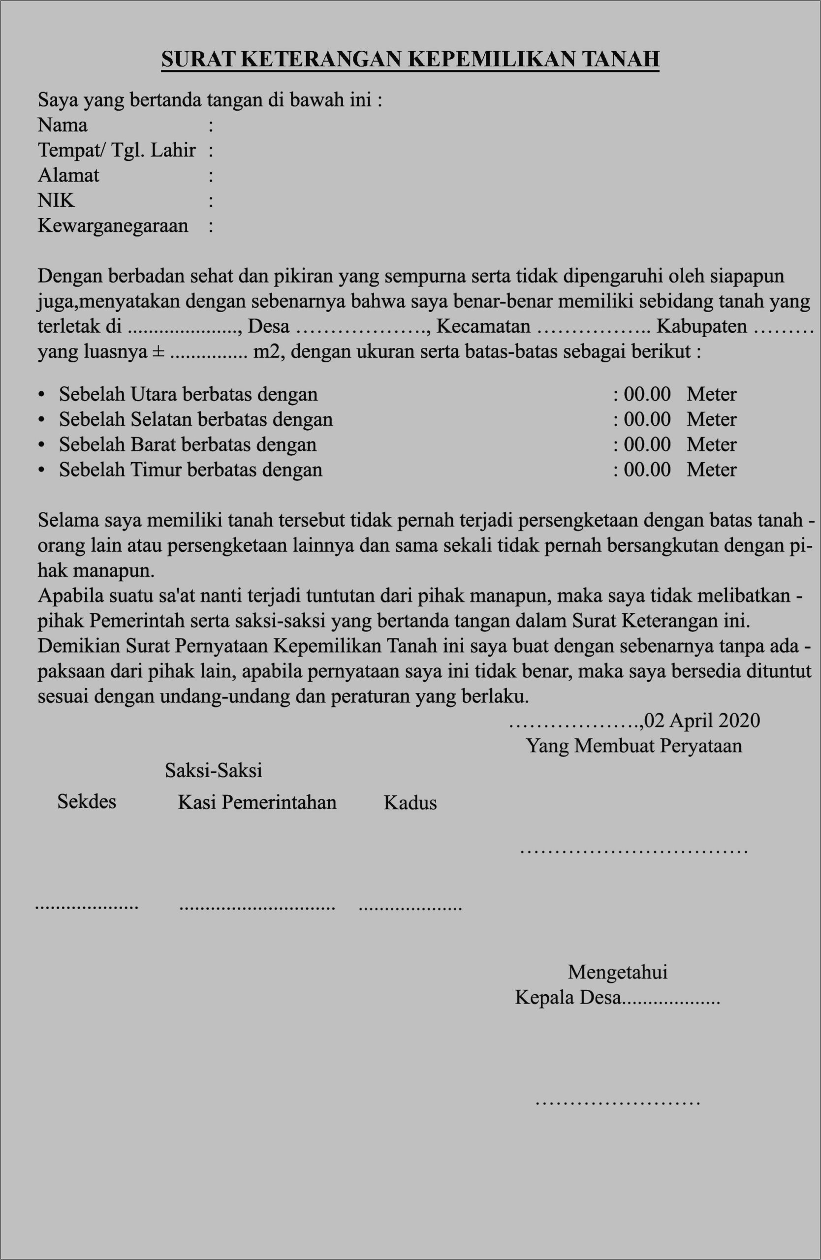 Contoh Surat Perjanjian Kepemilikan Tanah