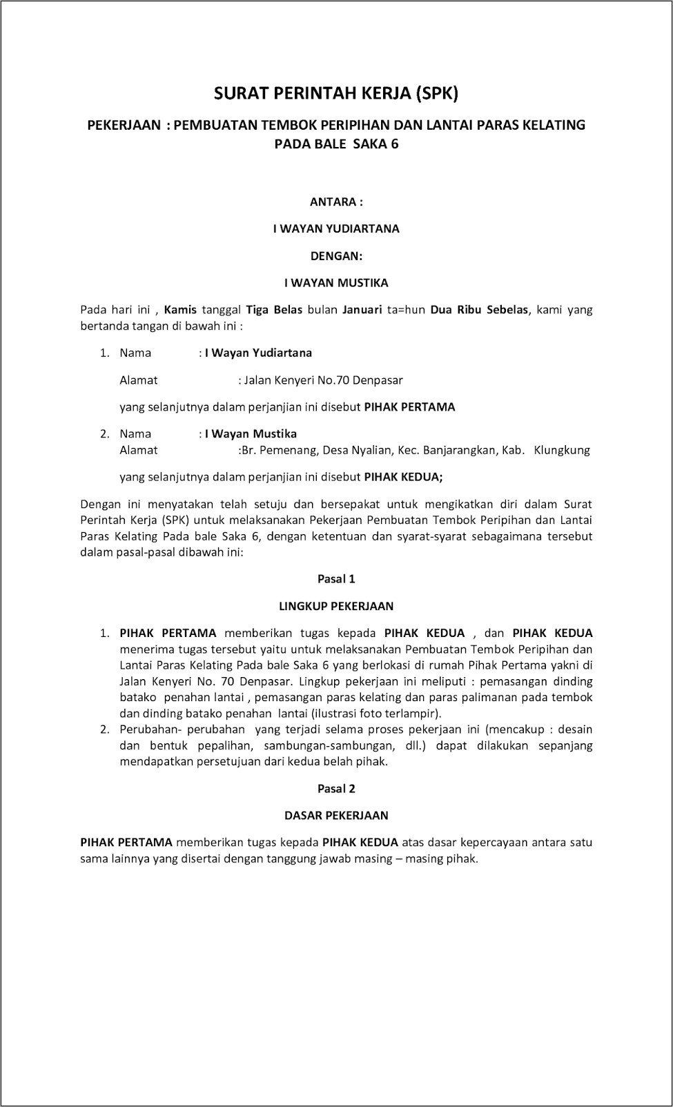 Contoh Surat Perjanjian Kerja Kontrak Tenaga Tukang Harian