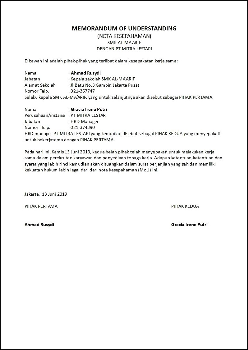 Contoh Surat Perjanjian Kerja Singkat