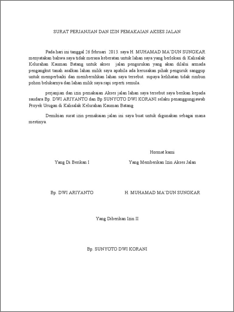 Contoh Surat Perjanjian Kerja Untuk Memakai Lahan