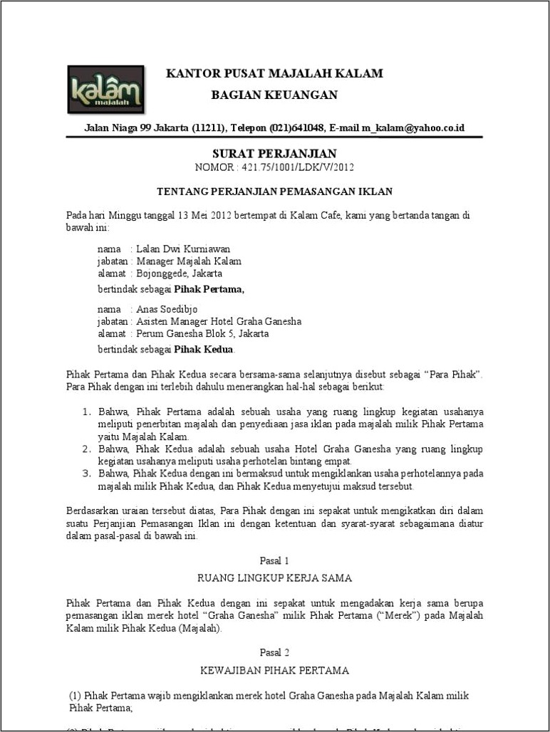 Contoh Surat Perjanjian Kerjasama Antara Kampus Dengan Hotel Yang Profesional