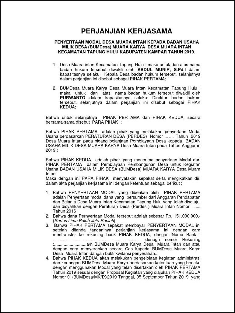 Contoh Surat Perjanjian Kerjasama Bumdesa