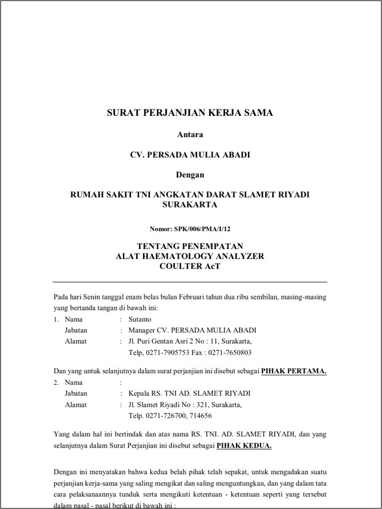 Contoh Surat Perjanjian Kerjasama Dengan Rumah Sakit