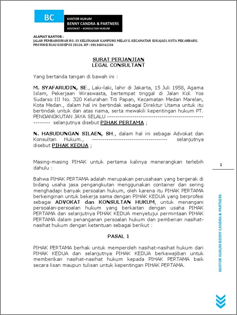 Contoh Surat Perjanjian Kerjasama Jasa Konsultan Hukum