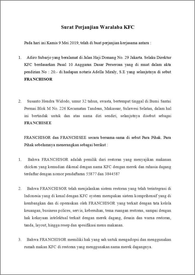 Contoh Surat Perjanjian Kerjasama Jasa Resto