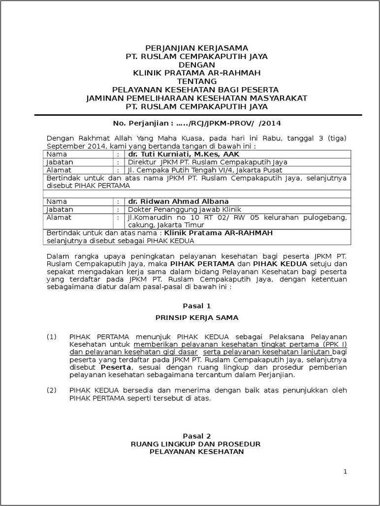 Contoh Surat Perjanjian Kerjasama Klinik Dengan Perusahaan