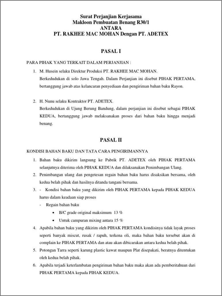 Contoh Surat Perjanjian Kerjasama Konten