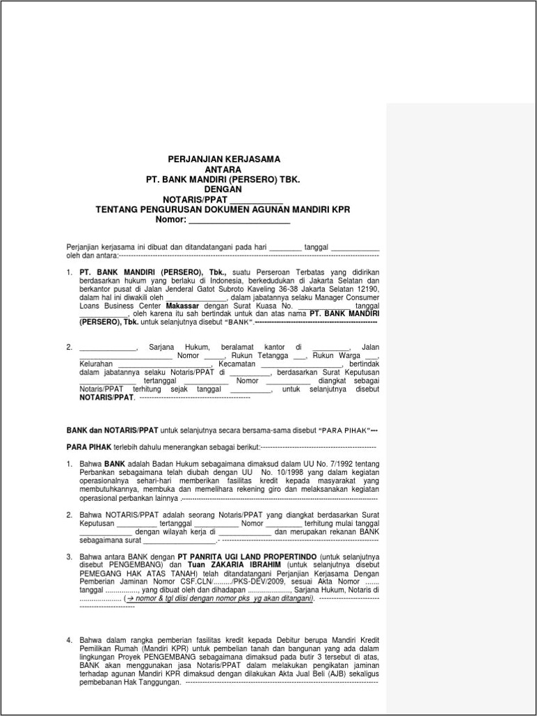 Contoh Surat Perjanjian Kerjasama Kredit Bank