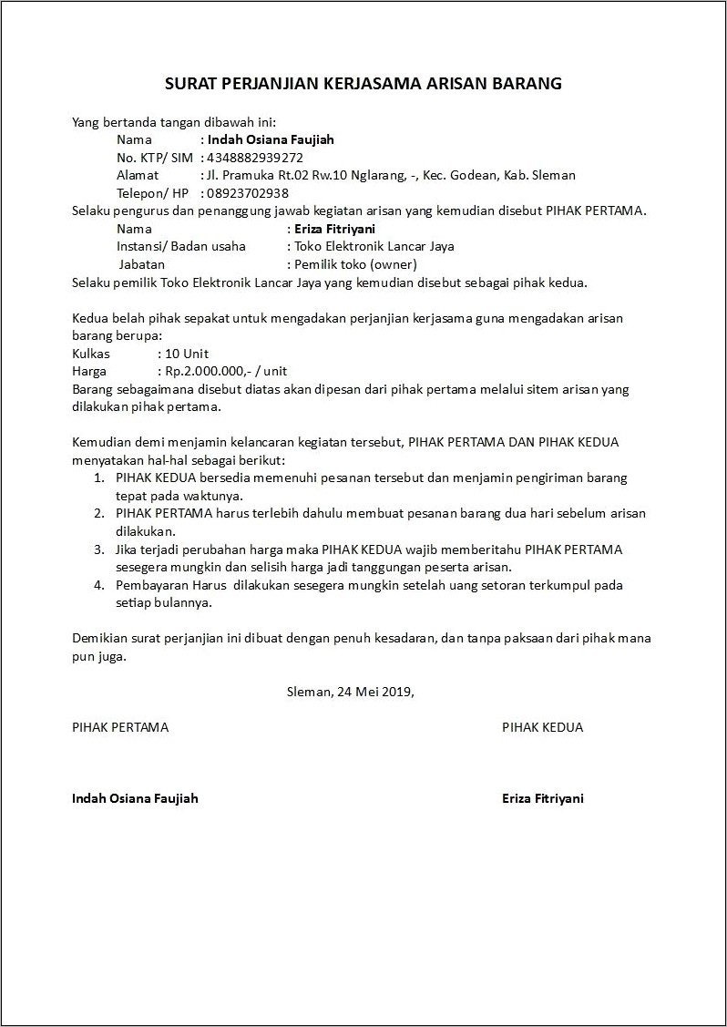 Contoh Surat Perjanjian Kerjasama Kredit