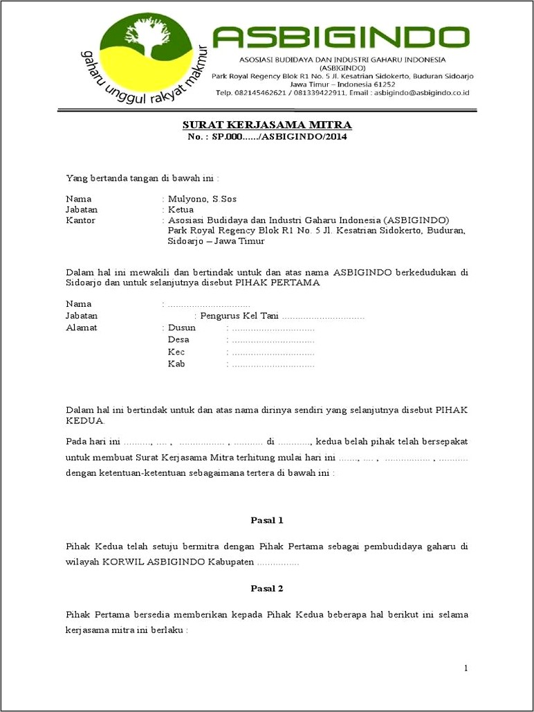 Contoh Surat Perjanjian Kerjasama Penelitian