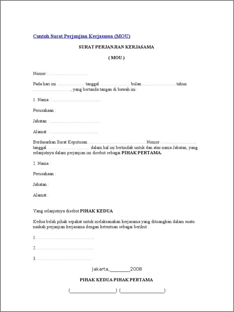 Contoh Surat Perjanjian Kerjasama Pengiriman Barang