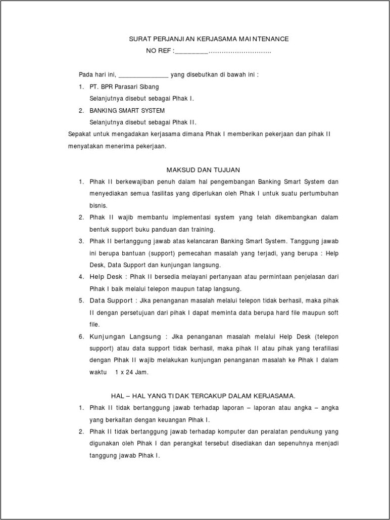 Contoh Surat Perjanjian Kerjasama Perawatan Software