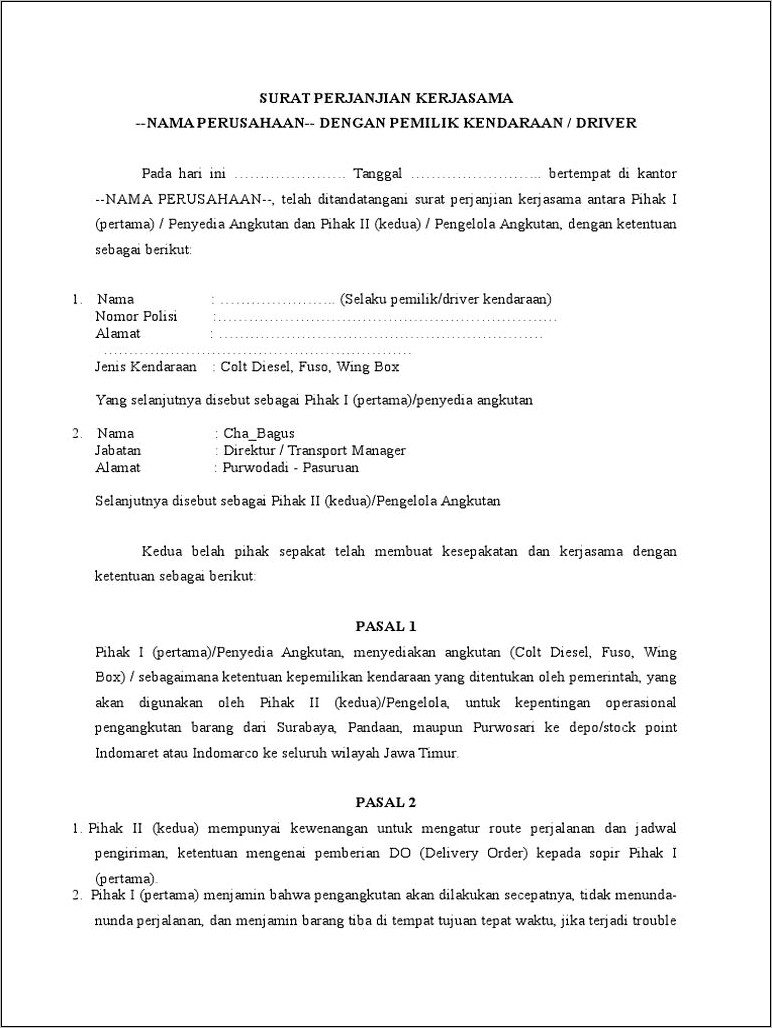 Contoh Surat Perjanjian Kerjasama Perjalanan