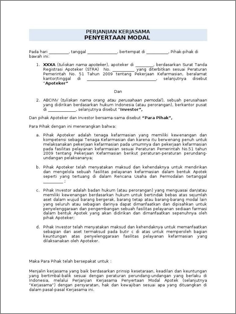 Contoh Surat Perjanjian Kerjasama Perusahaan Apotek Dengan Rumah Sakit