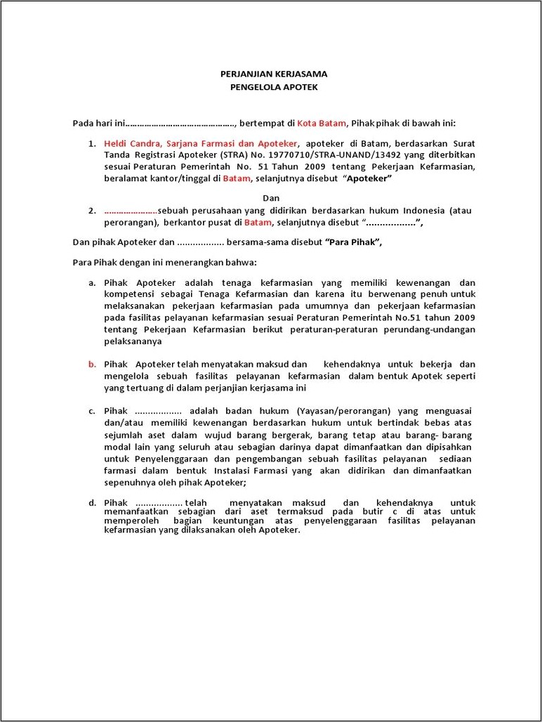 Contoh Surat Perjanjian Kerjasama Perusahaan Dengan Apotek