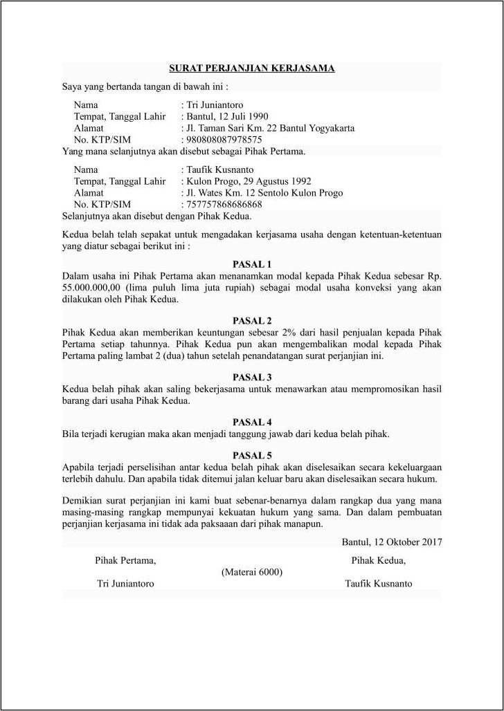 Contoh Surat Perjanjian Kerjasama Sementara